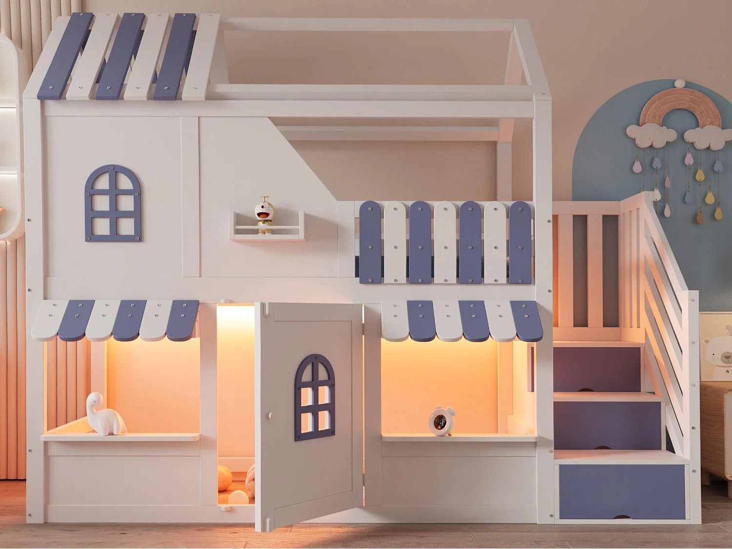 Letto soppalcato per bambini 90 x 200 cm - con scala di riporre - con luce LED - con 1 anta - bianco + blu​ (materasso non incluso)