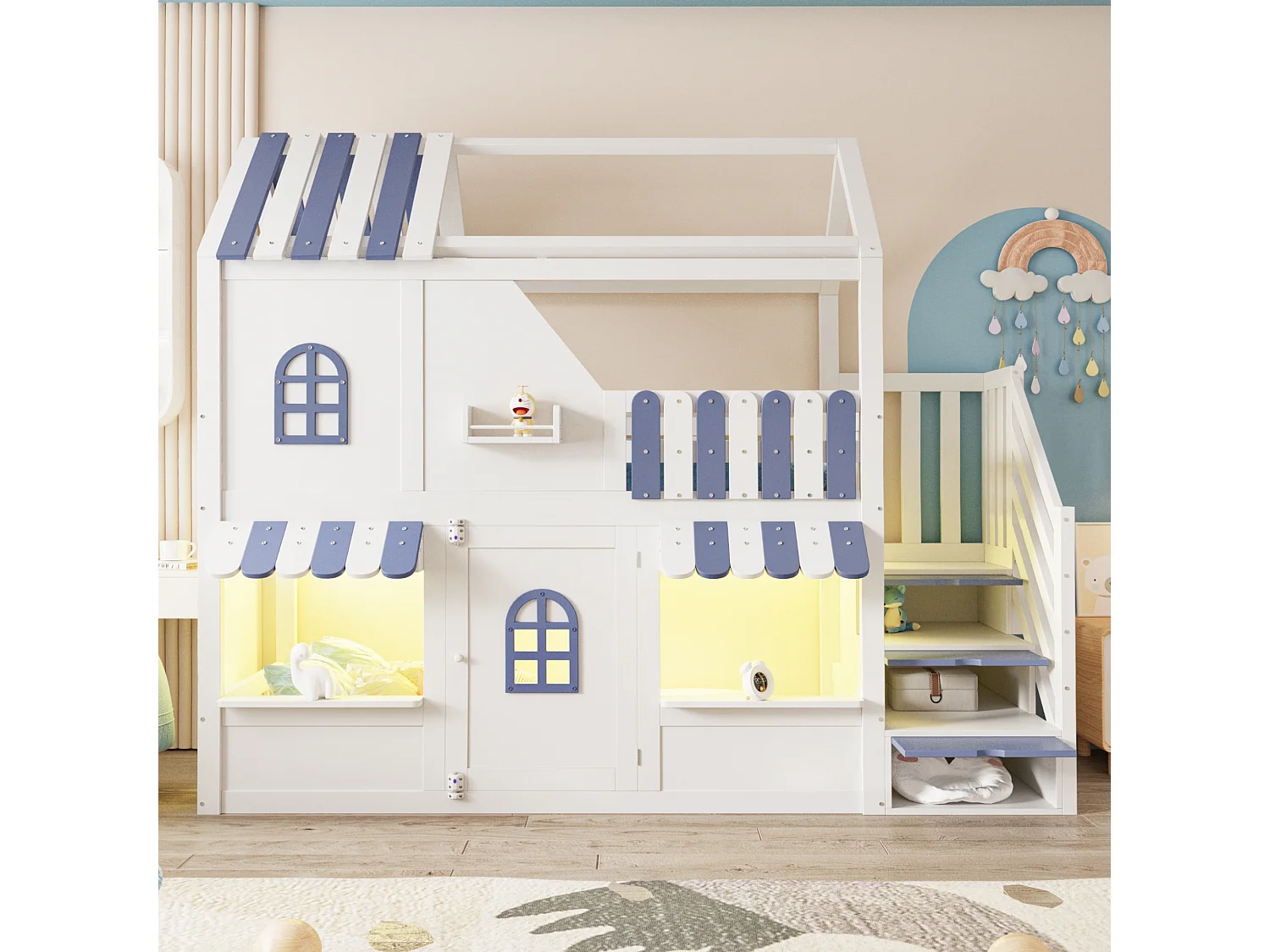 Letto soppalcato per bambini 90 x 200 cm - con scala di riporre - con luce LED - con 1 anta - bianco + blu​ (materasso non incluso)