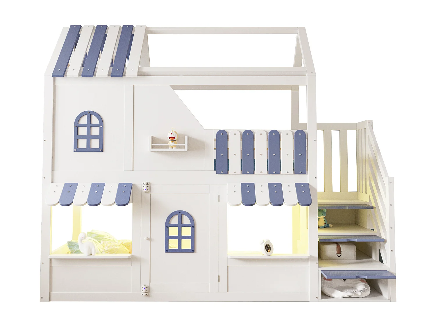 Letto soppalcato per bambini 90 x 200 cm - con scala di riporre - con luce LED - con 1 anta - bianco + blu​ (materasso non incluso)