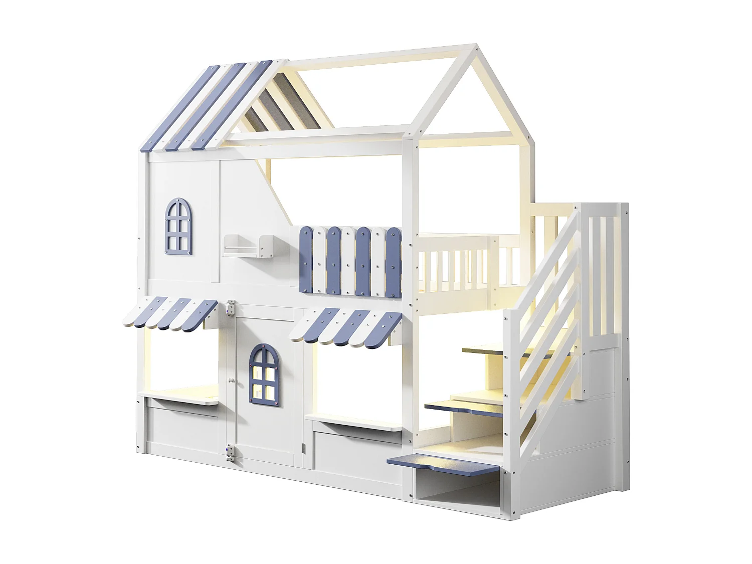 Letto soppalcato per bambini 90 x 200 cm - con scala di riporre - con luce LED - con 1 anta - bianco + blu​ (materasso non incluso)