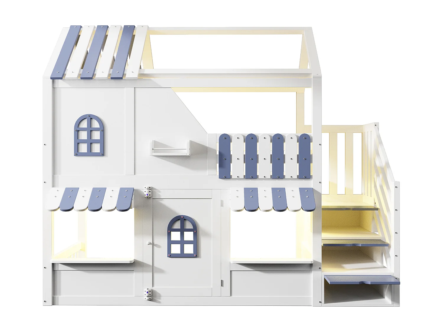 Letto soppalcato per bambini 90 x 200 cm - con scala di riporre - con luce LED - con 1 anta - bianco + blu​ (materasso non incluso)