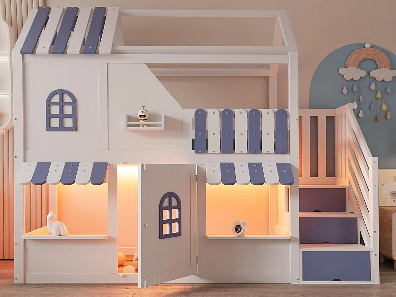 Letto soppalcato per bambini 90 x 200 cm - con scala di riporre - con luce LED - con 1 anta - bianco + blu​ (materasso non incluso)