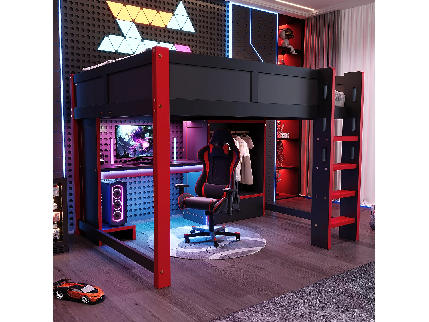 Lit mezzanine 140x200cm - avec éclairage LED - avec bureau - avec échelle et armoire - avec 1 tiroir - noir + rouge (matelas non inclus)