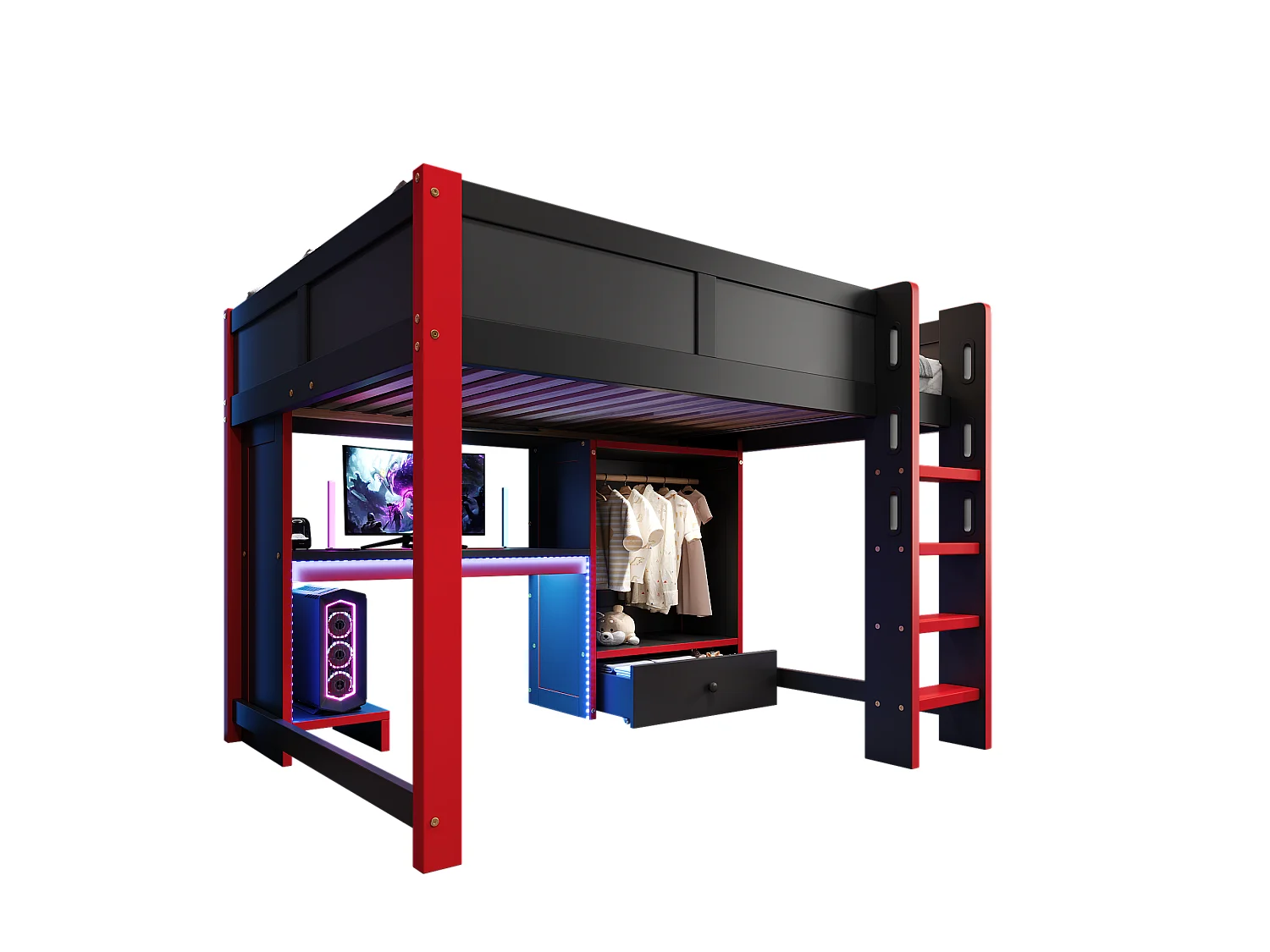 Lit mezzanine 140x200cm - avec éclairage LED - avec bureau - avec échelle et armoire - avec 1 tiroir - noir + rouge (matelas non inclus)