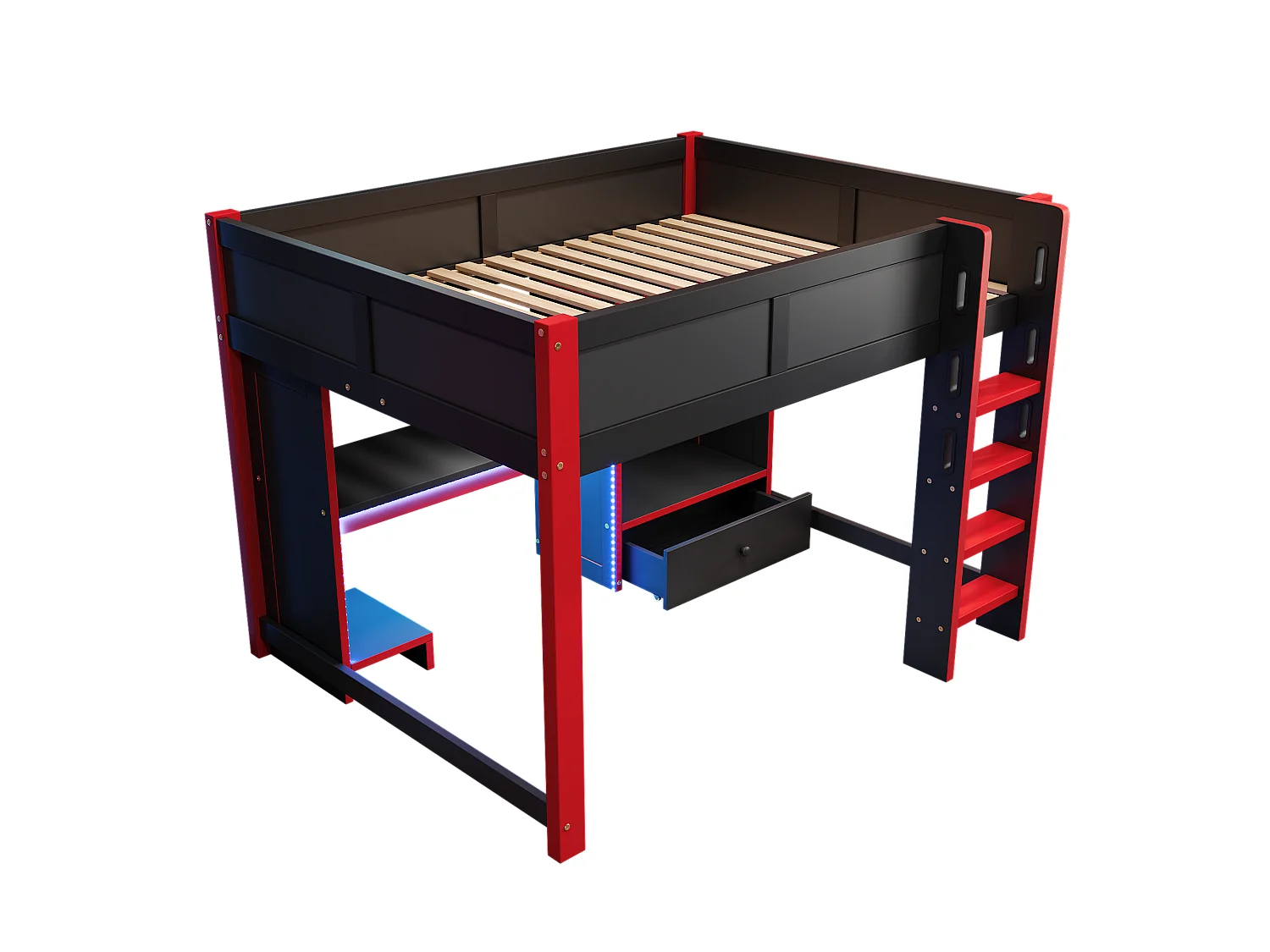 Lit mezzanine 140x200cm - avec éclairage LED - avec bureau - avec échelle et armoire - avec 1 tiroir - noir + rouge (matelas non inclus)