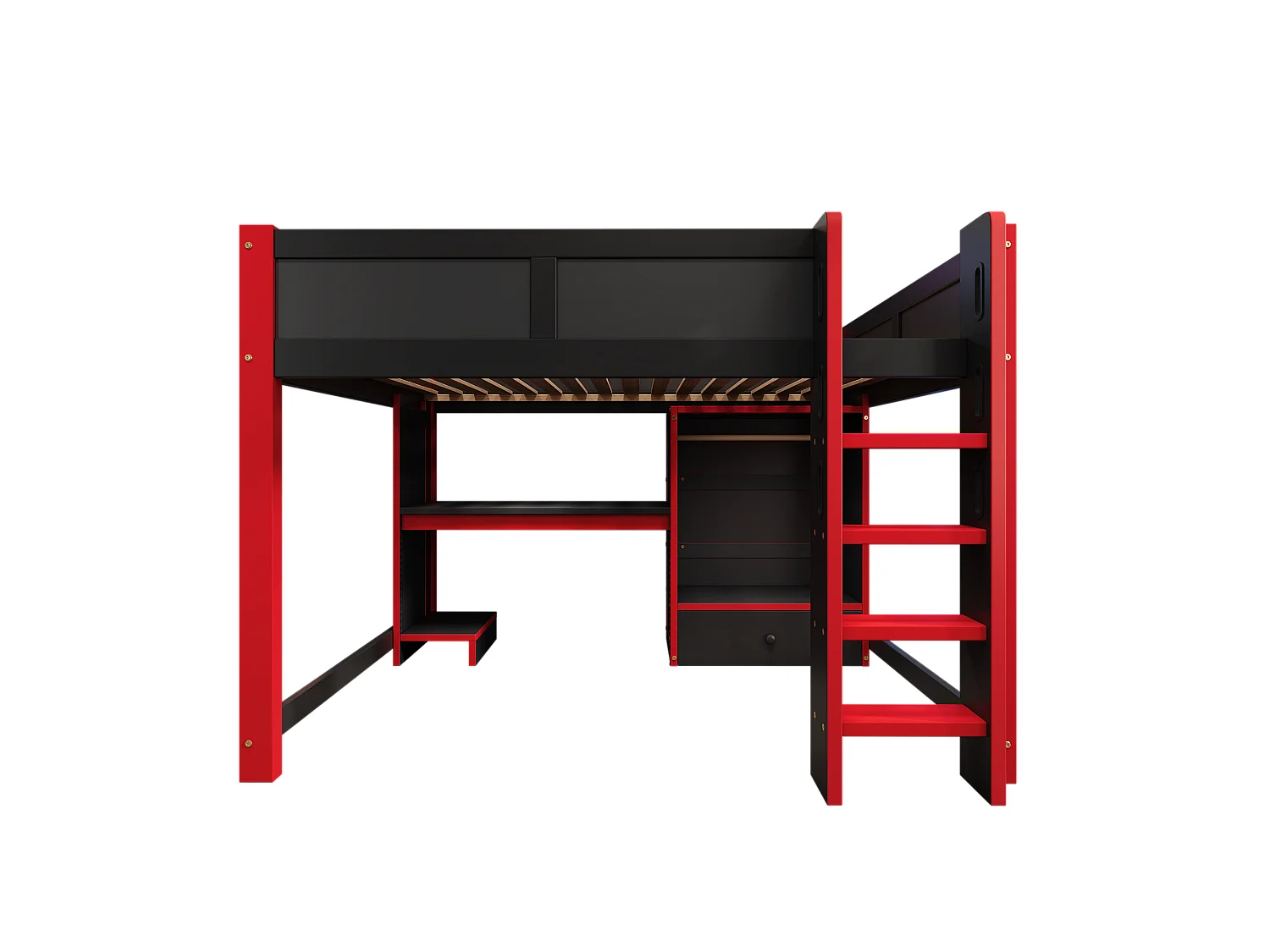 Lit mezzanine 140x200cm - avec éclairage LED - avec bureau - avec échelle et armoire - avec 1 tiroir - noir + rouge (matelas non inclus)