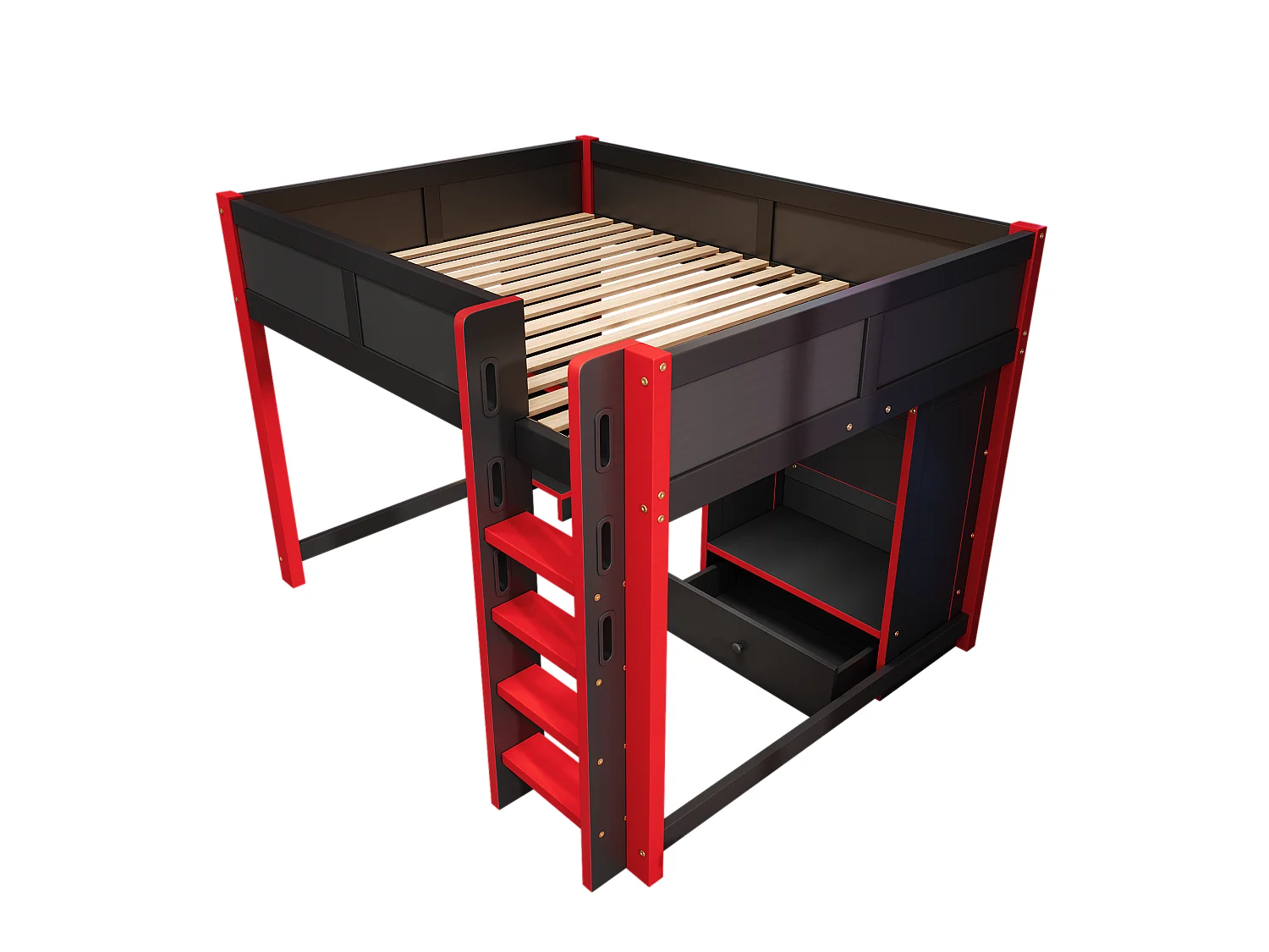 Lit mezzanine 140x200cm - avec éclairage LED - avec bureau - avec échelle et armoire - avec 1 tiroir - noir + rouge (matelas non inclus)
