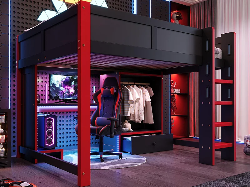 Lit mezzanine 140x200cm - avec éclairage LED - avec bureau - avec échelle et armoire - avec 1 tiroir - noir + rouge (matelas non inclus)