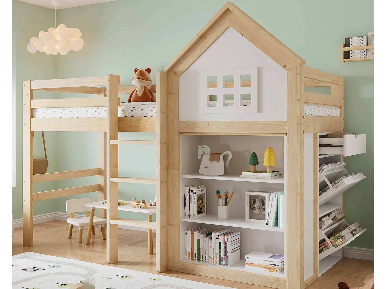 Hochbett 90x200 cm - mit 1 Schublade und Bilderbuchregal - mit Staufach - Weiß+Natur​ (ohne Matratze)