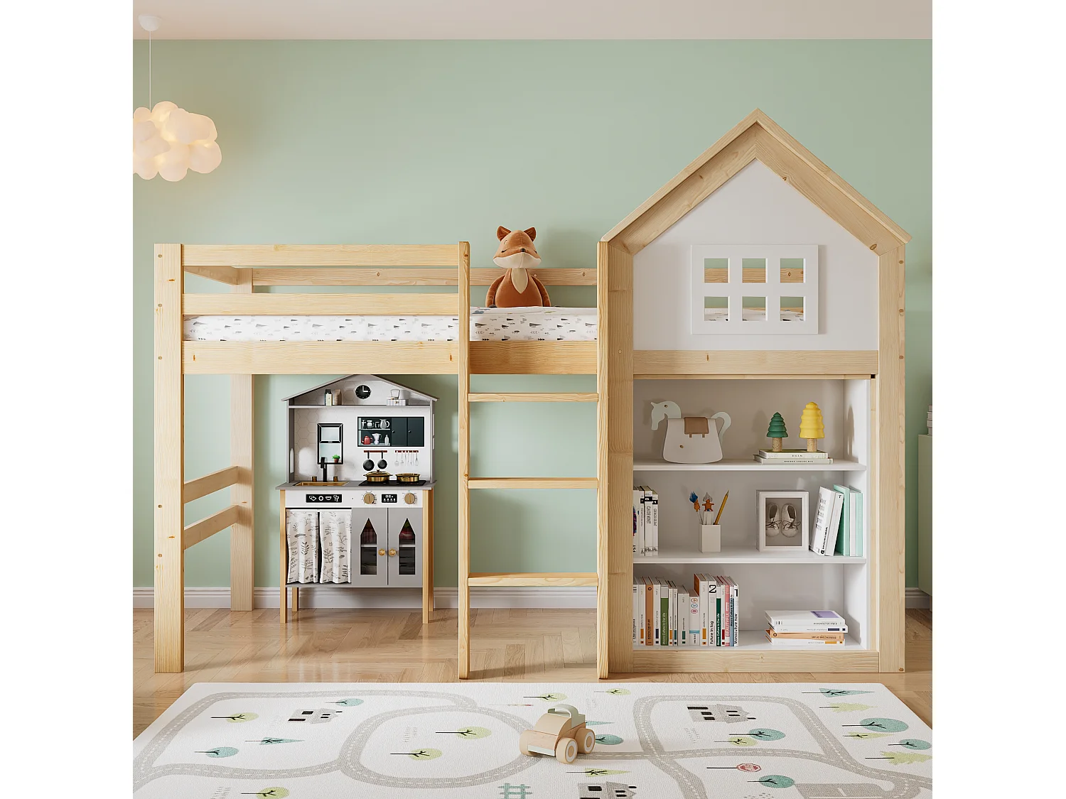 Hochbett 90x200 cm - mit 1 Schublade und Bilderbuchregal - mit Staufach - Weiß+Natur​ (ohne Matratze)