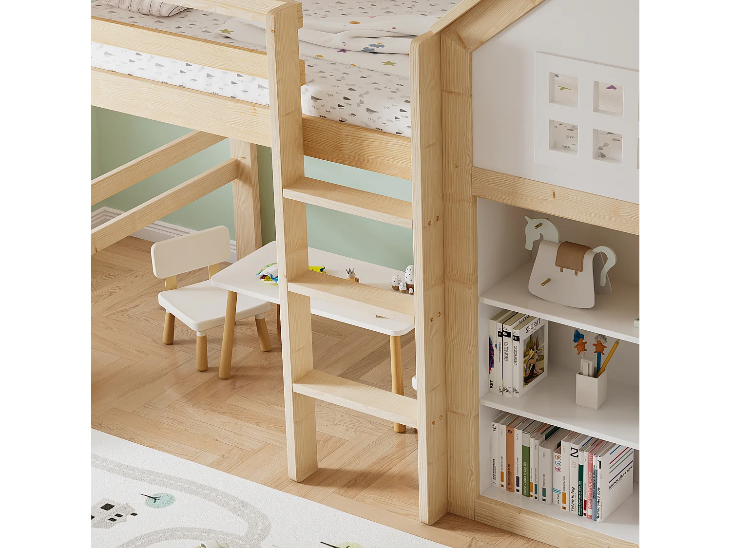 Hochbett 90x200 cm - mit 1 Schublade und Bilderbuchregal - mit Staufach - Weiß+Natur​ (ohne Matratze)