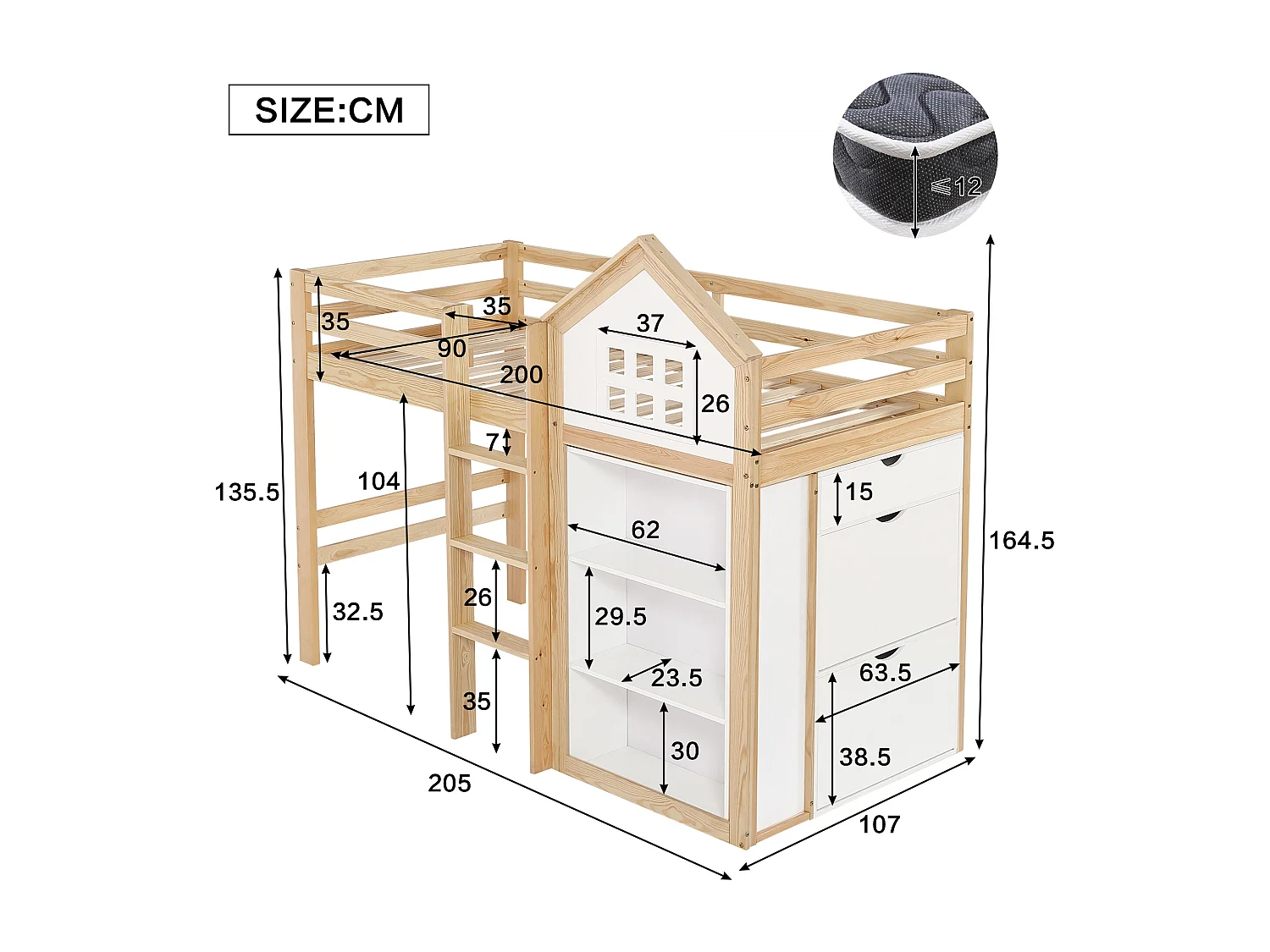 Hochbett 90x200 cm - mit 1 Schublade und Bilderbuchregal - mit Staufach - Weiß+Natur​ (ohne Matratze)