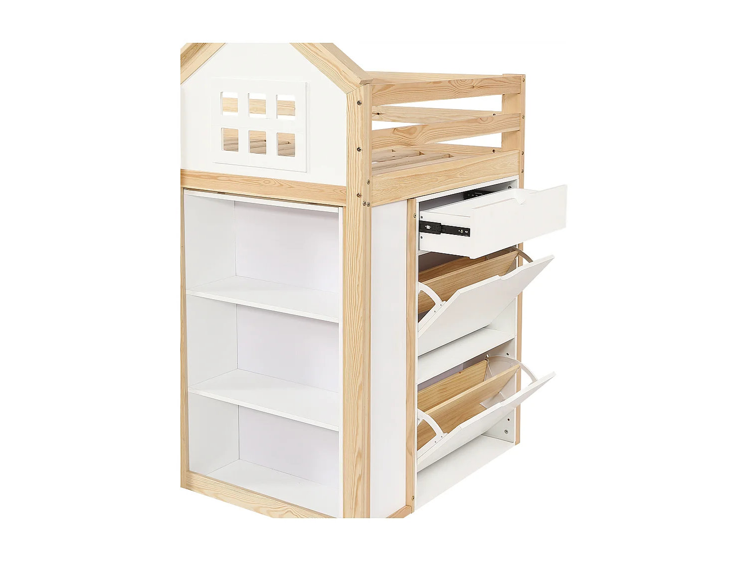 Hochbett 90x200 cm - mit 1 Schublade und Bilderbuchregal - mit Staufach - Weiß+Natur​ (ohne Matratze)