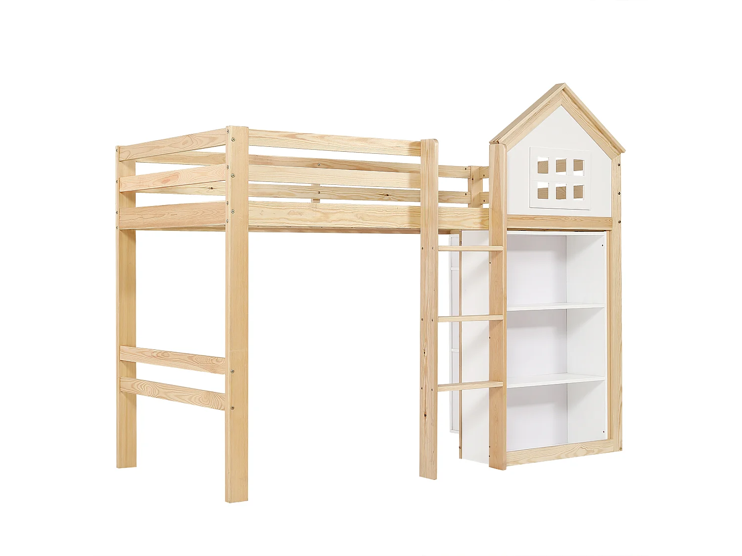 Hochbett 90x200 cm - mit 1 Schublade und Bilderbuchregal - mit Staufach - Weiß+Natur​ (ohne Matratze)