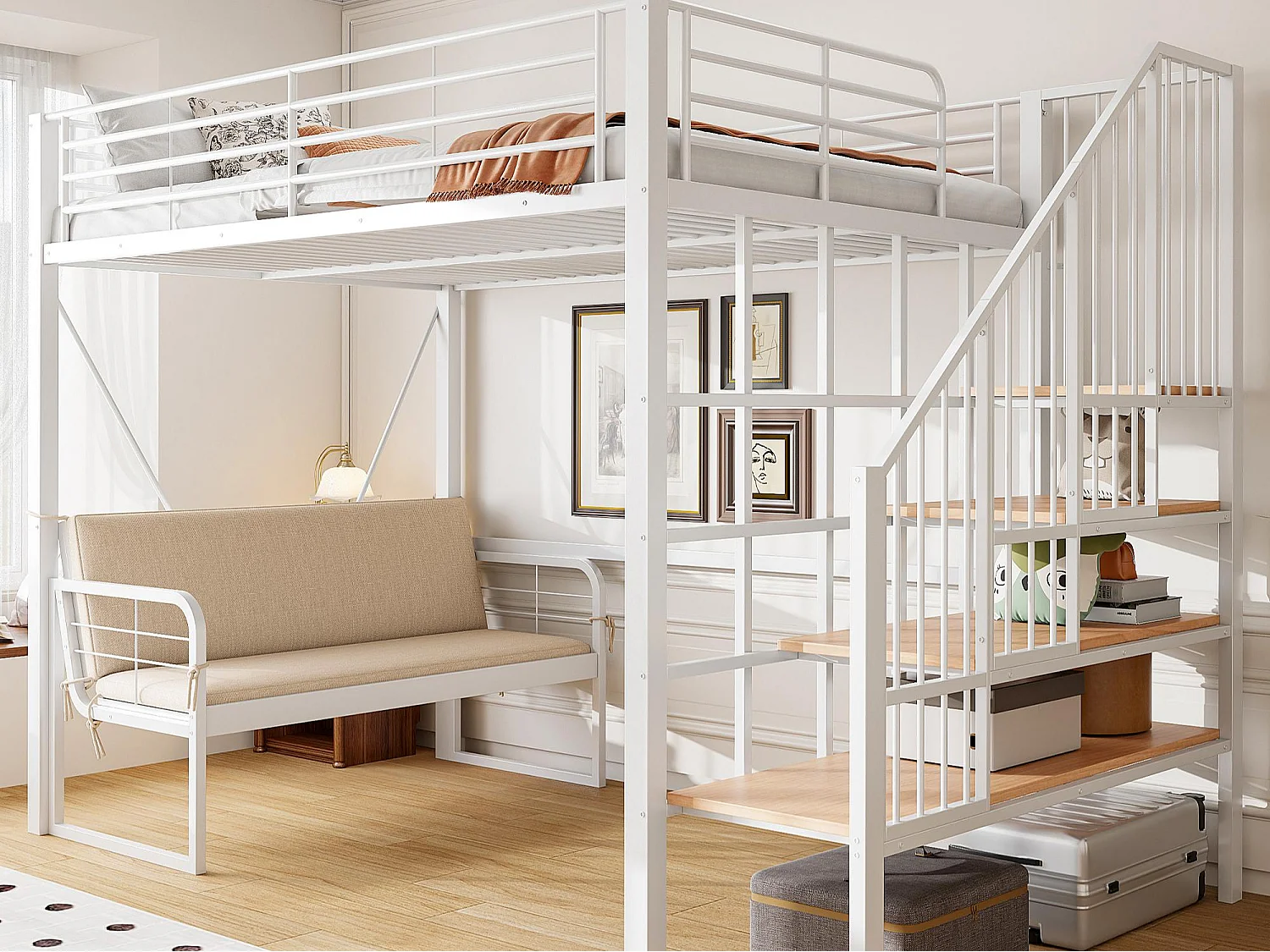 Lit mezzanine 140 x 200 cm - Structure en métal - Avec canapé - Avec escalier - blanc (matelas non inclus)