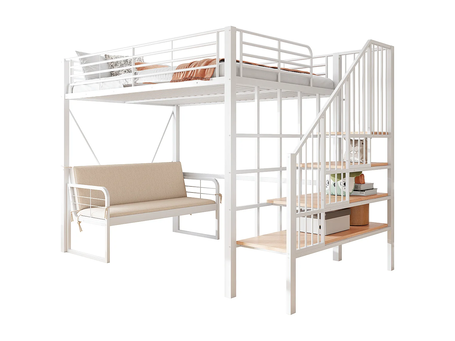 Lit mezzanine 140 x 200 cm - Structure en métal - Avec canapé - Avec escalier - blanc (matelas non inclus)