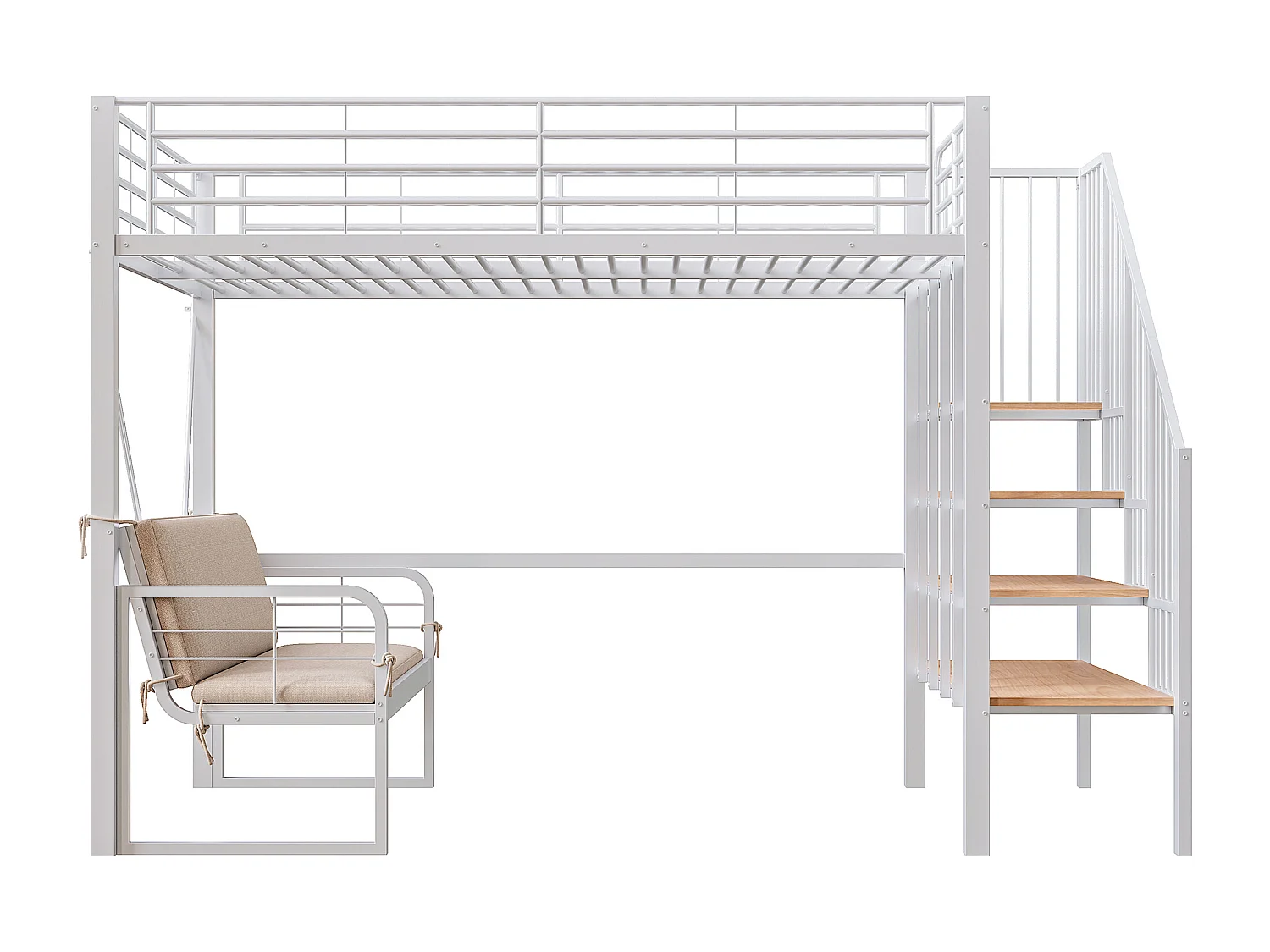 Lit mezzanine 140 x 200 cm - Structure en métal - Avec canapé - Avec escalier - blanc (matelas non inclus)