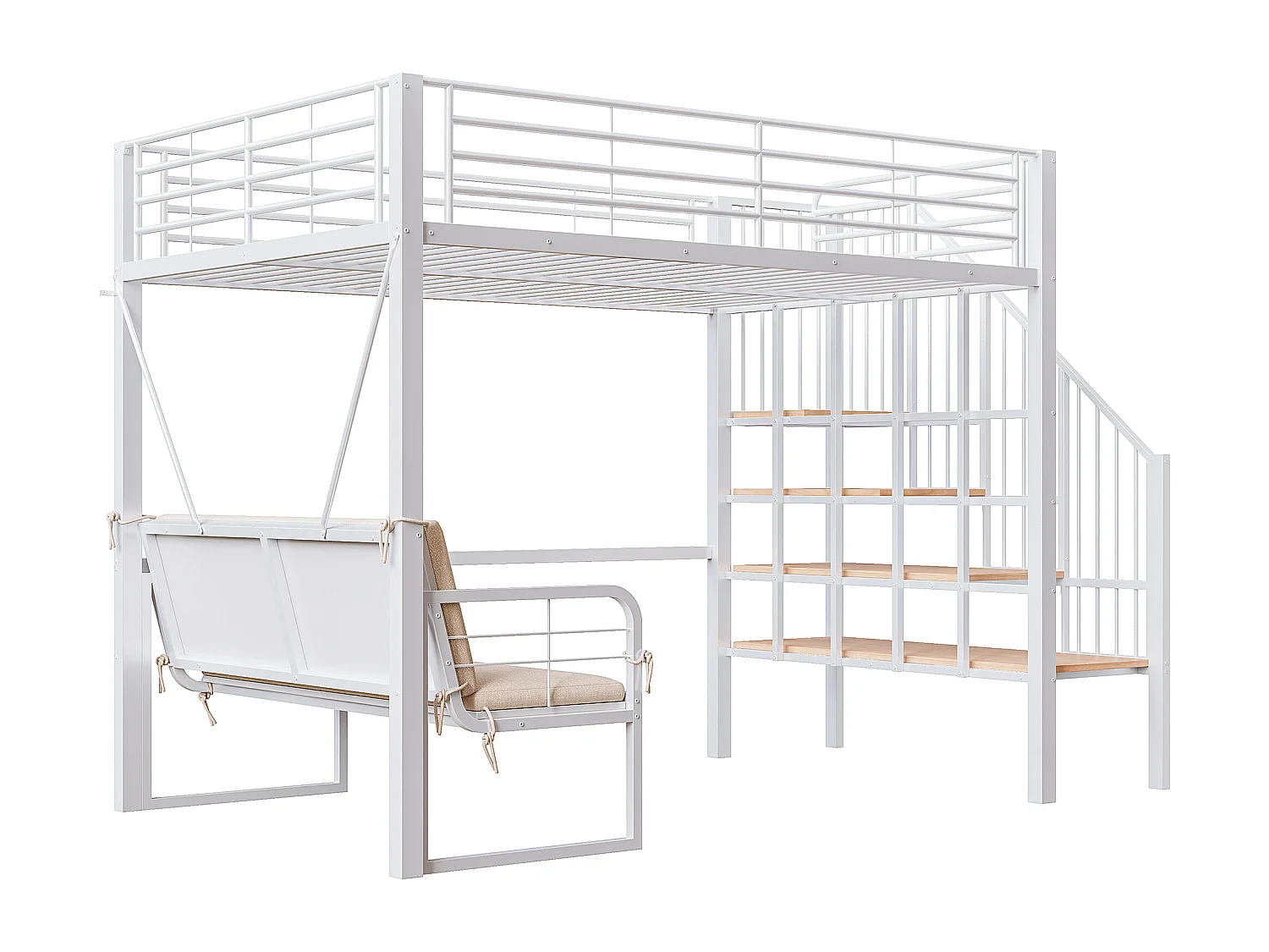 Lit mezzanine 140 x 200 cm - Structure en métal - Avec canapé - Avec escalier - blanc (matelas non inclus)