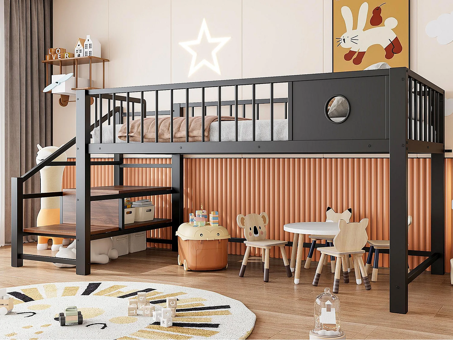 Lit enfant 90 x 200 cm - avec échelle de rangement - cadre en métal - noir (matelas non inclus)