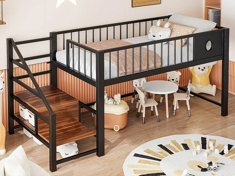 Letto per bambini 90 x 200 cm - con scala di riporre - telaio in metallo - nero​ (materasso non incluso)