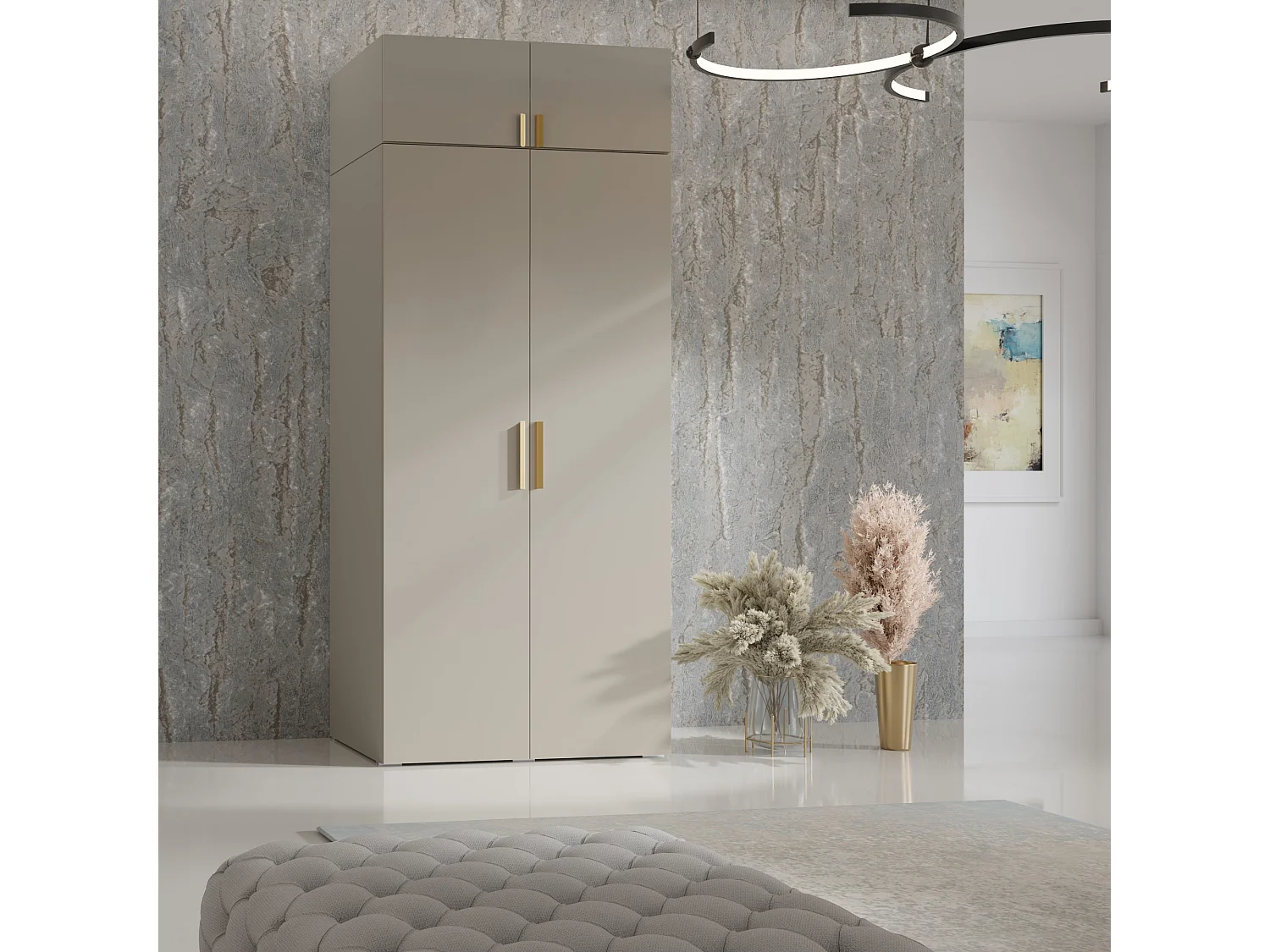 Drehtürenschrank mit Aufsatz Napoli 2D 100 Kaschmir (schwarzer oder goldener Griff)