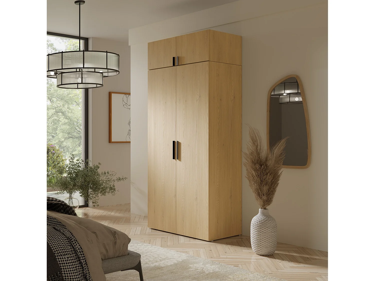 Drehtürenschrank mit Aufsatz Napoli 2D 100 Eiche Cremona (schwarzer oder goldener Griff)