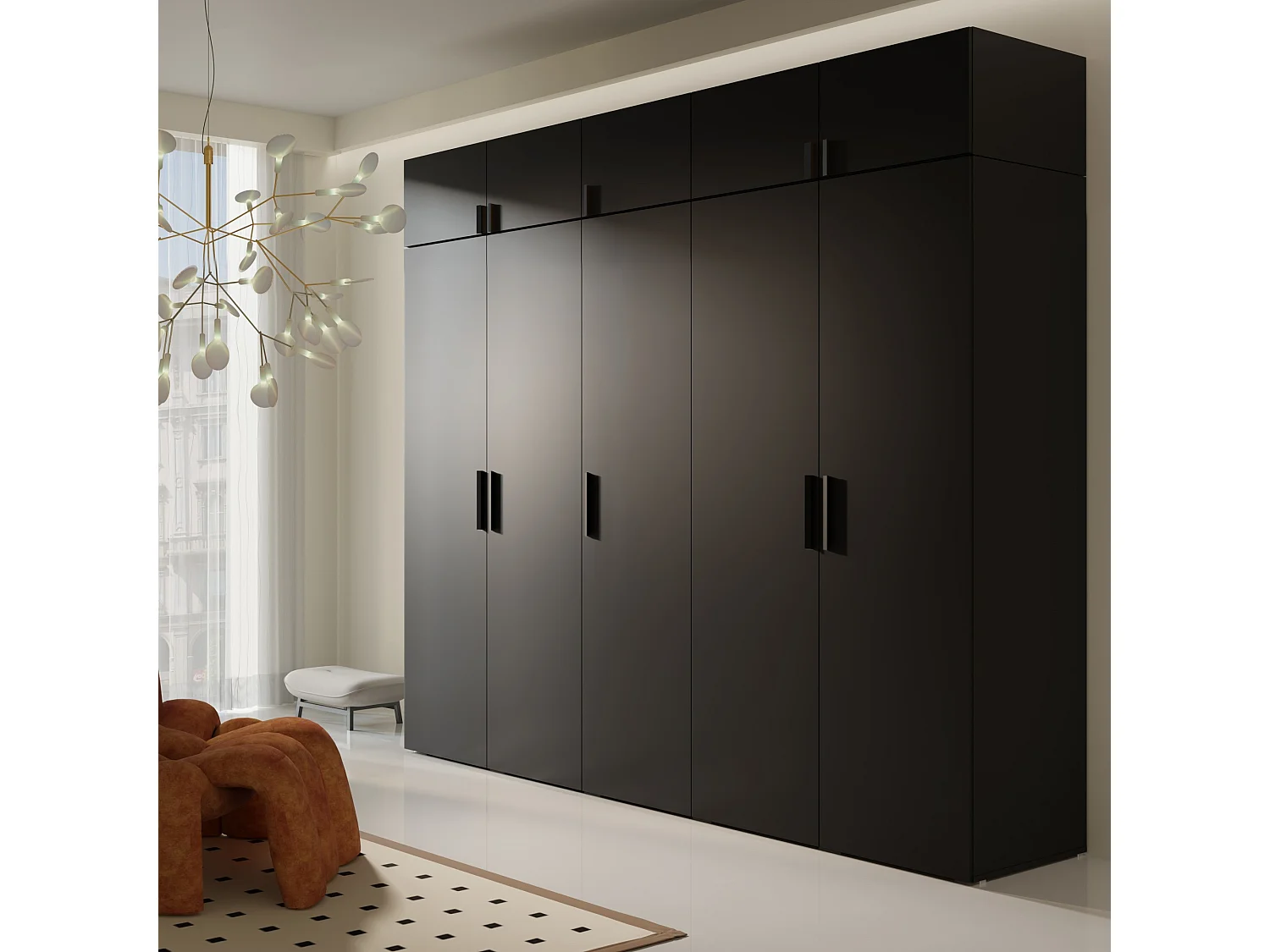 Drehtürenschrank mit Aufsatz Napoli 5D 250 Schwarz (schwarzer oder goldener Griff)