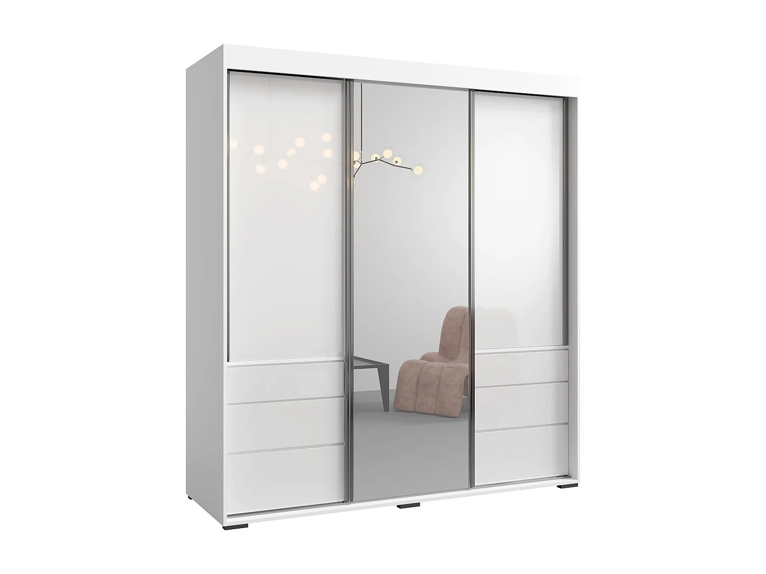 Schiebetürenschrank mit Schubladen und Spiegel  Torino 3D1L 180 Weiß (Lacobel)