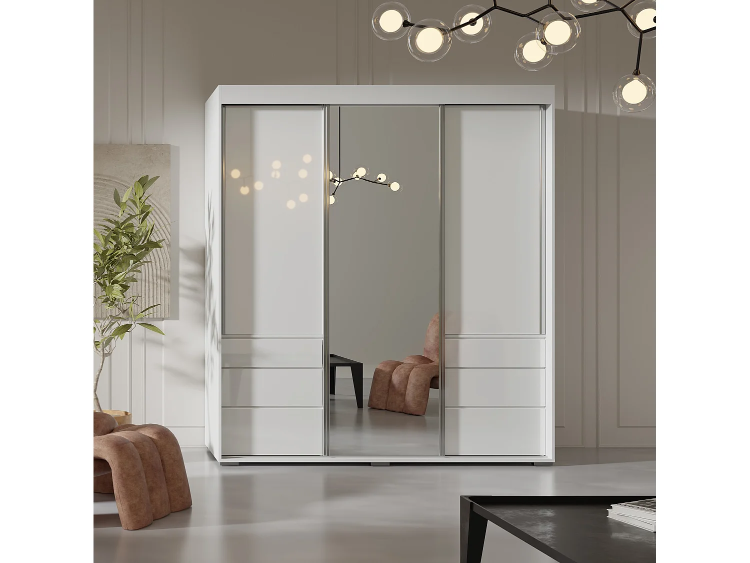 Schiebetürenschrank mit Schubladen und Spiegel  Torino 3D1L 180 Weiß (Lacobel)