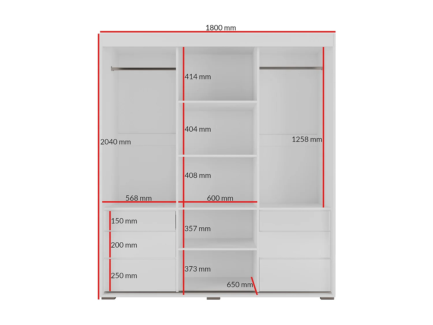 Schiebetürenschrank mit Schubladen und Spiegel  Torino 3D1L 180 Weiß (Lacobel)