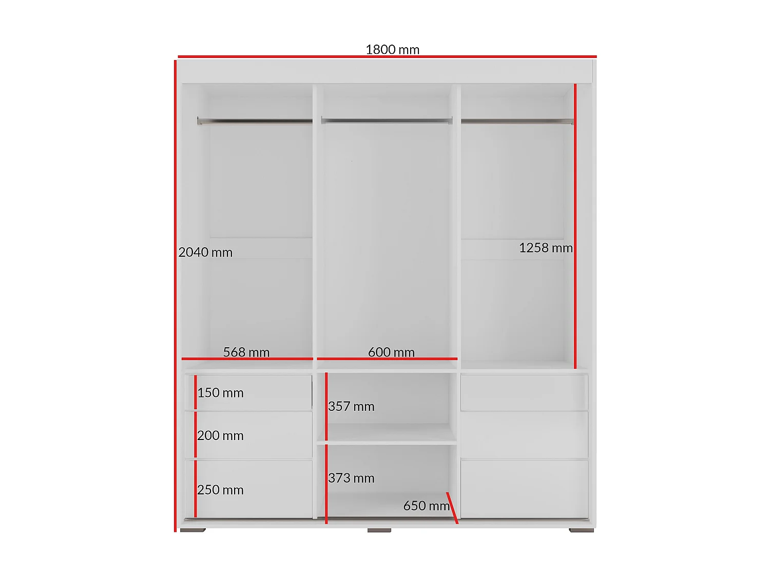 Schiebetürenschrank mit Schubladen und Spiegel  Torino 3D1L 180 Weiß (Lacobel)