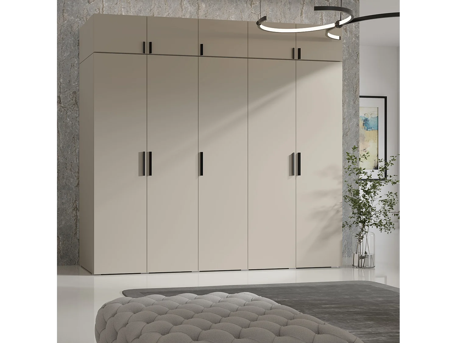 Drehtürenschrank mit Aufsatz Napoli 5D 250 Kaschmir (schwarzer oder goldener Griff)