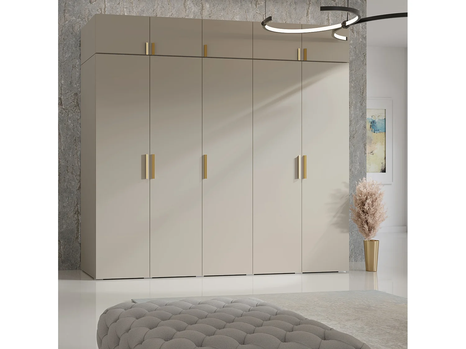 Drehtürenschrank mit Aufsatz Napoli 5D 250 Kaschmir (schwarzer oder goldener Griff)