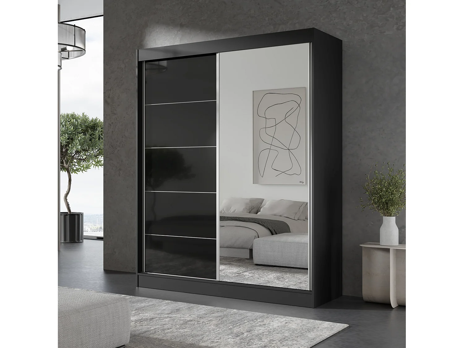 Schiebetürenchrank mit Spiegel Como 2D1L 150 Schwarz (lacobel)