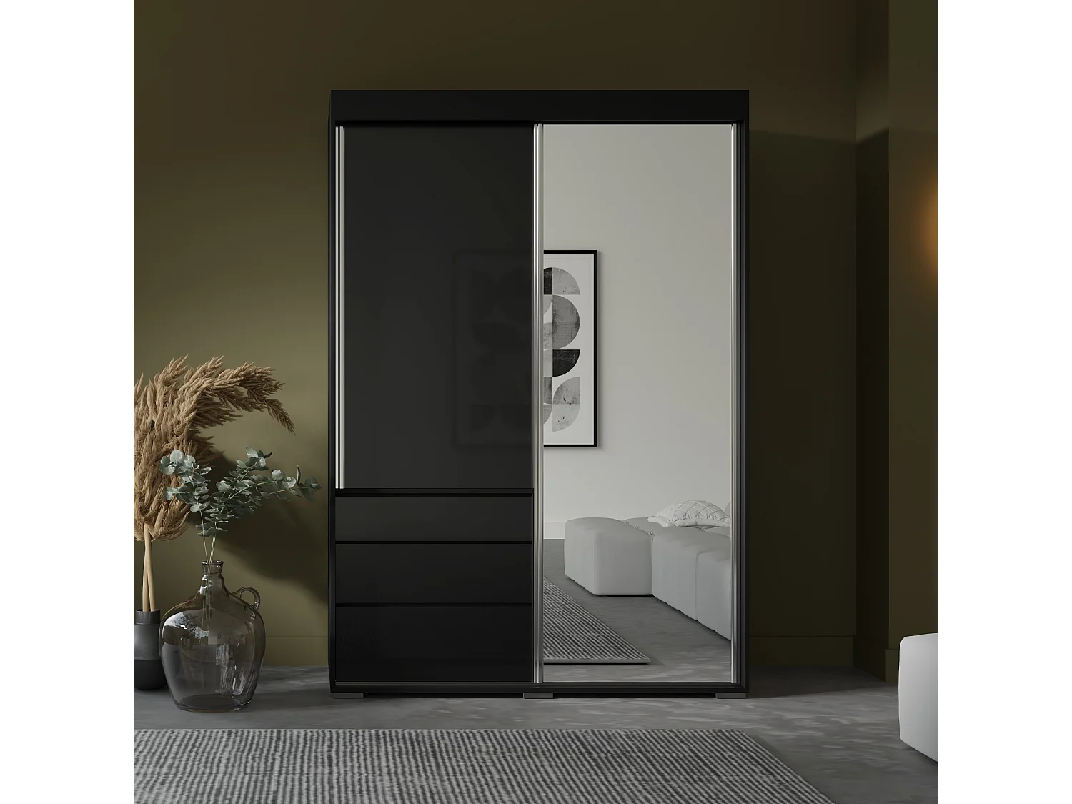 Szafa przesuwna z lustrem Torino 2D1L 140 Czarna (lacobel)