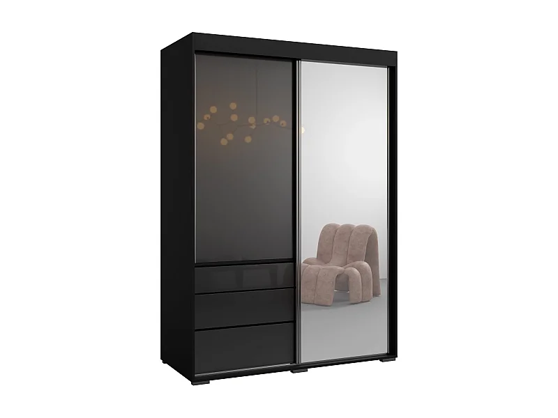 Schiebetürenschrank mit Schubladen und Spiegel Torino 2D1L 140 Schwarz (Lacobel)