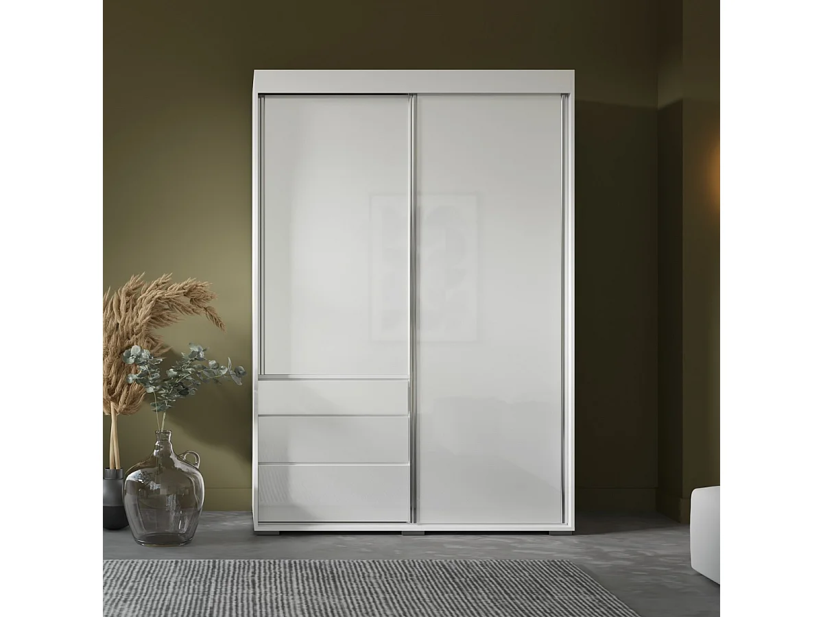 Schiebetürenschrank mit Schubladen Torino 2D 140 Weiß (Lacobel)