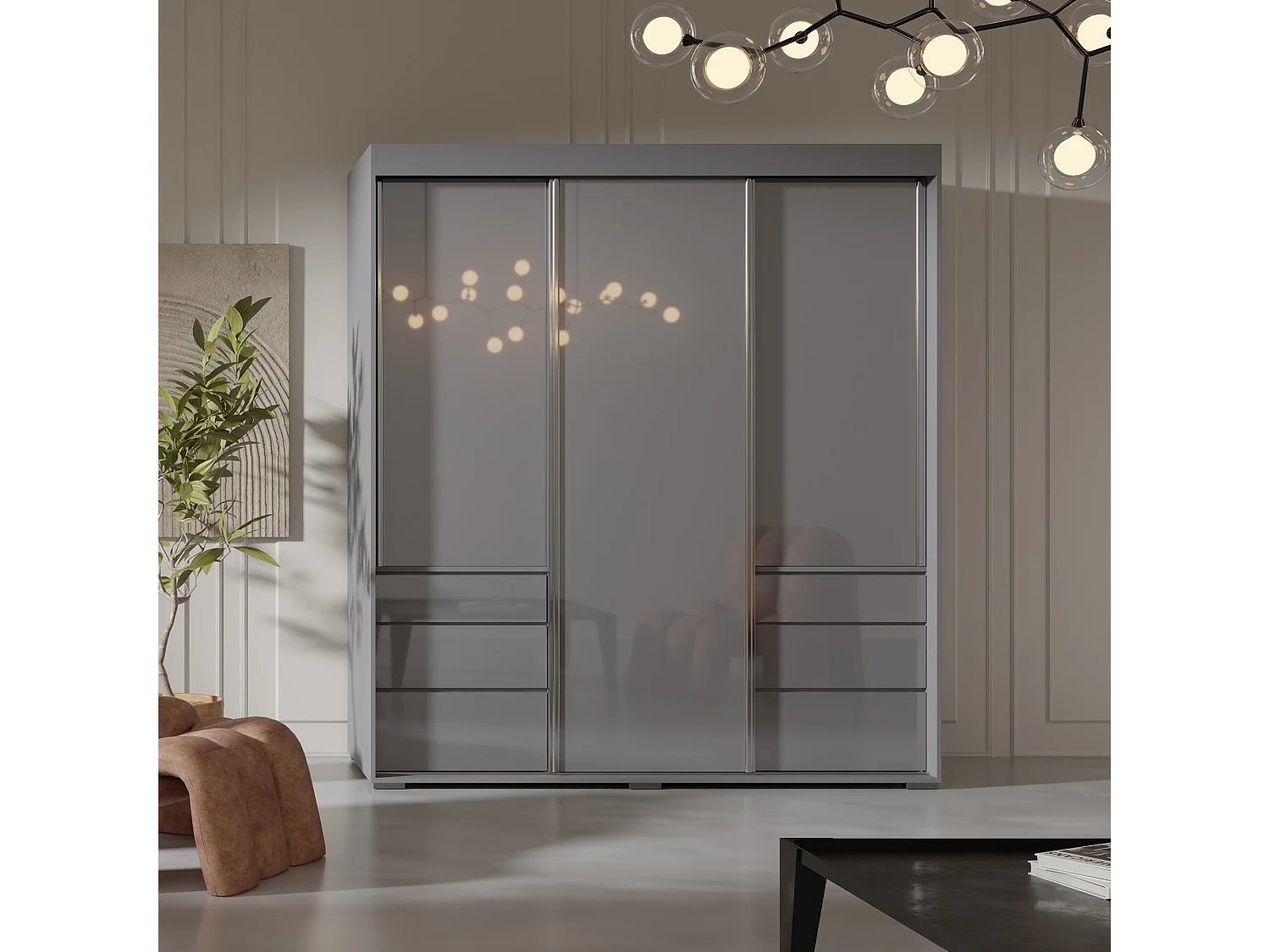 Schiebetürenschrank mit Schubladen Torino 3D 180 Grau (Lacobel)