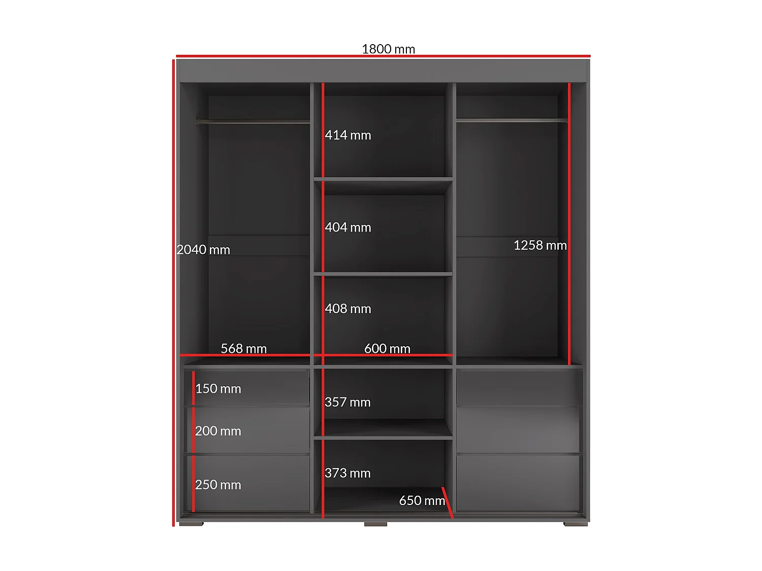 Schiebetürenschrank mit Schubladen Torino 3D 180 Grau (Lacobel)