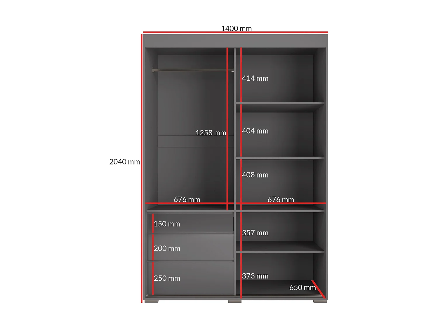 Schiebetürenschrank mit Schubladen Torino 2D 140 Grau (Lacobel)