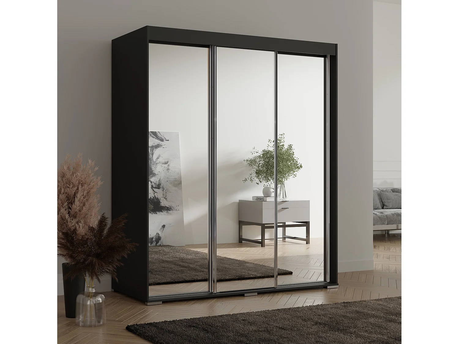 Schiebetürenchrank mit Schubladen und Spiegel Como 3D3L 180 Schwarz