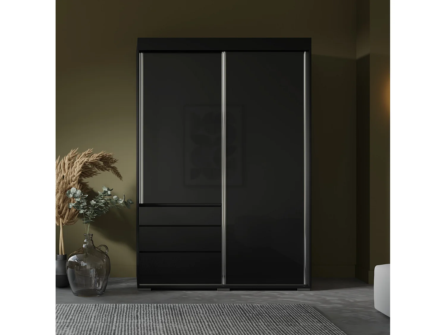 Schiebetürenschrank mit Schubladen Torino 2D 140 Schwarz (Lacobel)