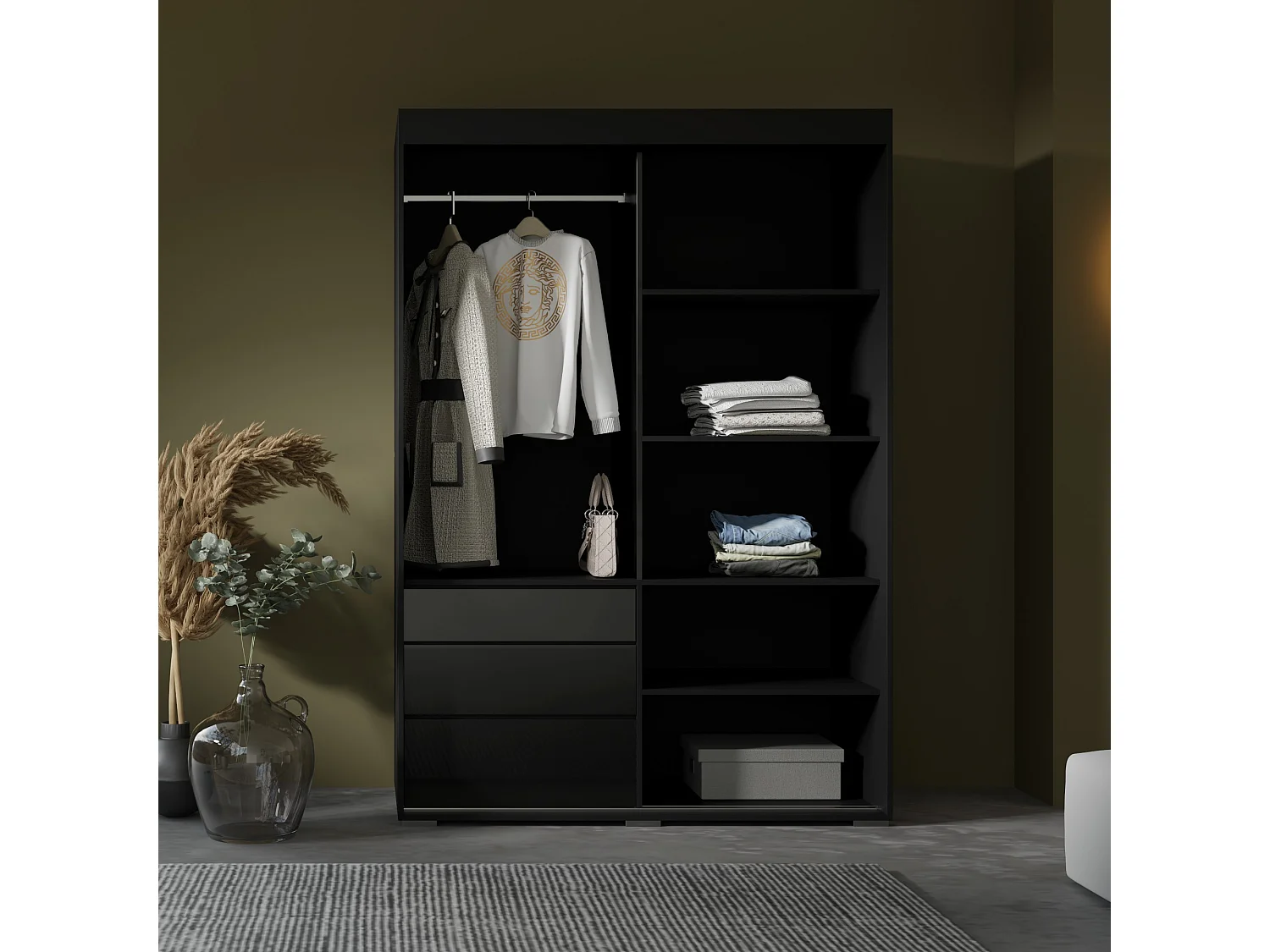 Schiebetürenschrank mit Schubladen Torino 2D 140 Schwarz (Lacobel)