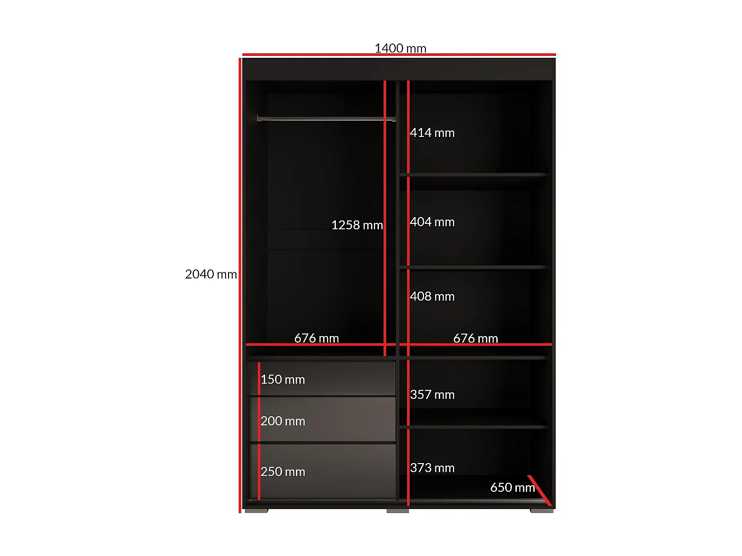 Schiebetürenschrank mit Schubladen Torino 2D 140 Schwarz (Lacobel)