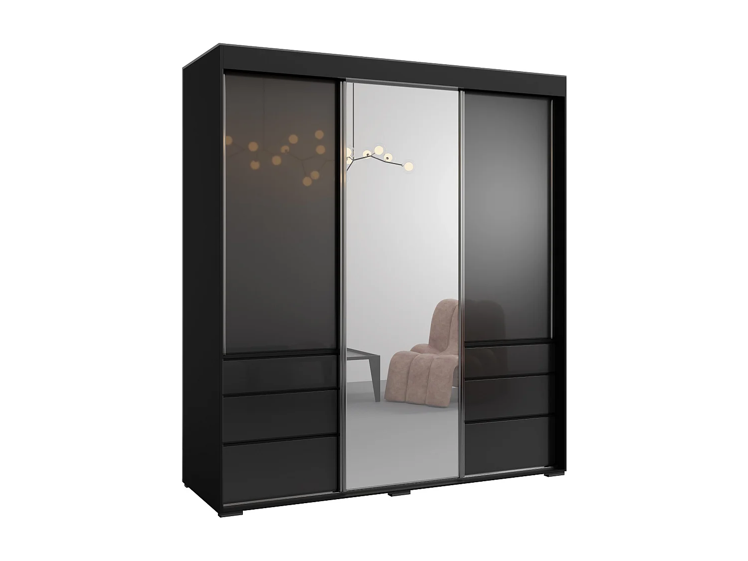 Schiebetürenschrank mit Schubladen und Spiegel Torino 3D1L 180 Schwarz (Lacobel)