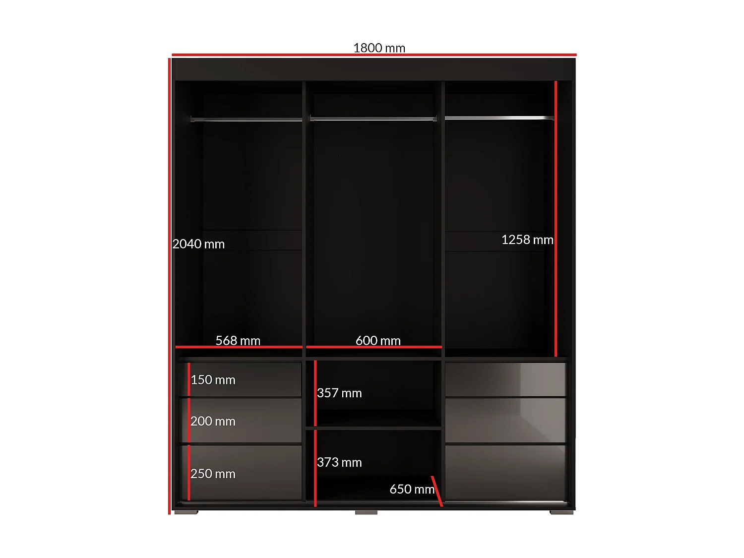 Schiebetürenschrank mit Schubladen und Spiegel Torino 3D1L 180 Schwarz (Lacobel)