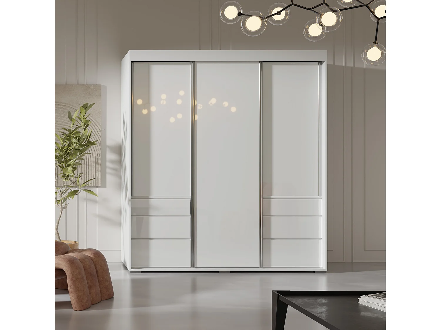 Schiebetürenschrank mit Schubladen Torino 3D 180 Weiß (Lacobel)