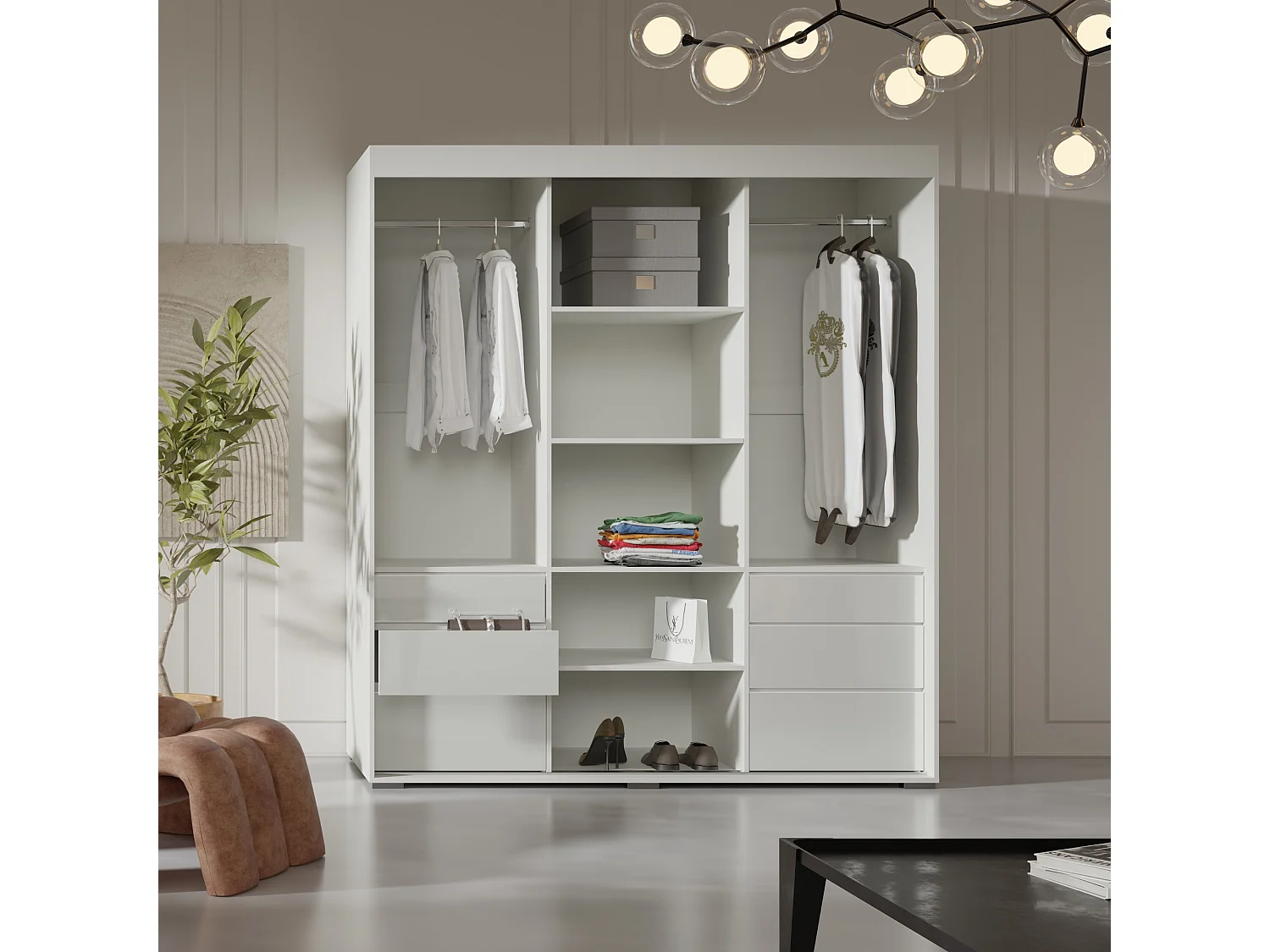 Schiebetürenschrank mit Schubladen Torino 3D 180 Weiß (Lacobel)