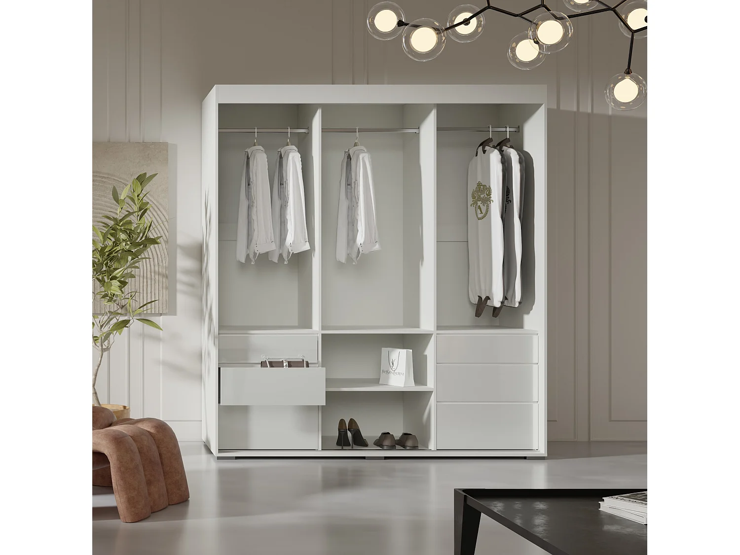 Schiebetürenschrank mit Schubladen Torino 3D 180 Weiß (Lacobel)