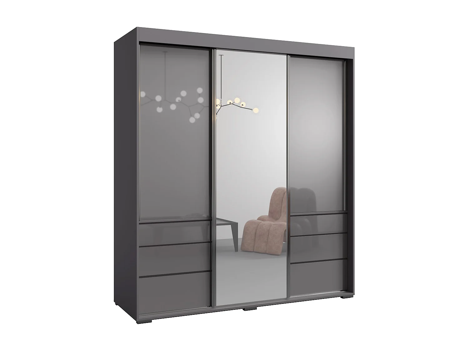 Schiebetürenschrank mit Schubladen und Spiegel  Torino 3D1L 180 Grau (Lacobel)